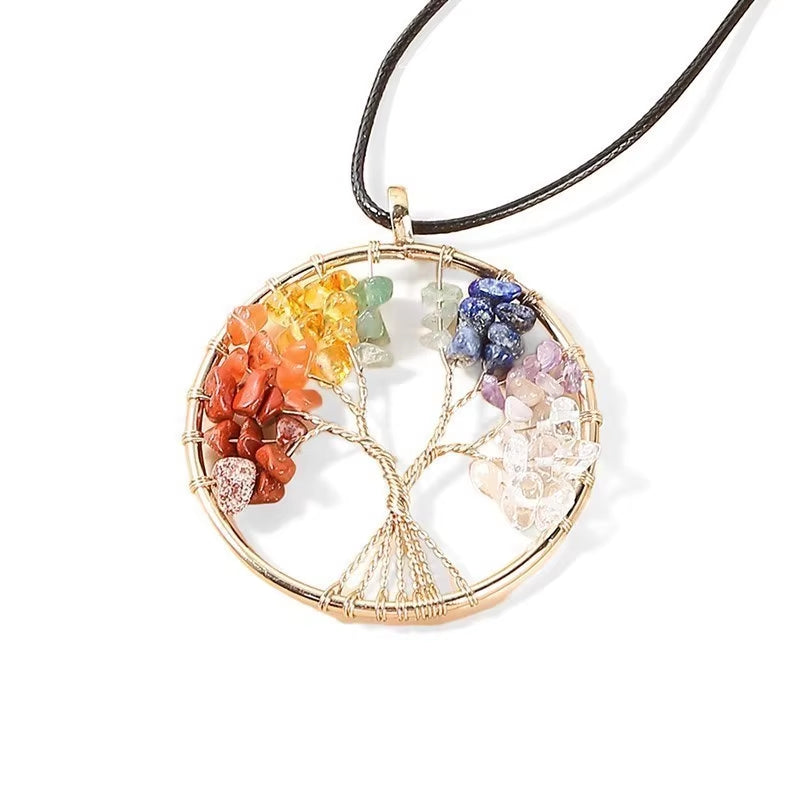 7 Chakras Tree of Life Pendant Necklace Gold Color Wisdom Natural Crystal Chip Beads Reiki Healing Jewelry Gift