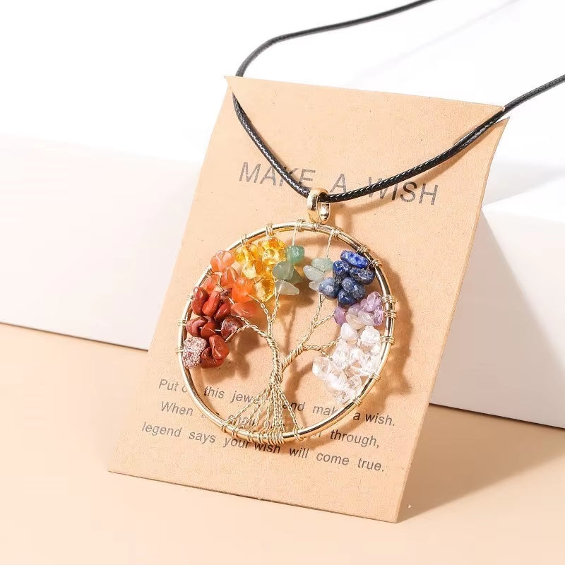 7 Chakras Tree of Life Pendant Necklace Gold Color Wisdom Natural Crystal Chip Beads Reiki Healing Jewelry Gift