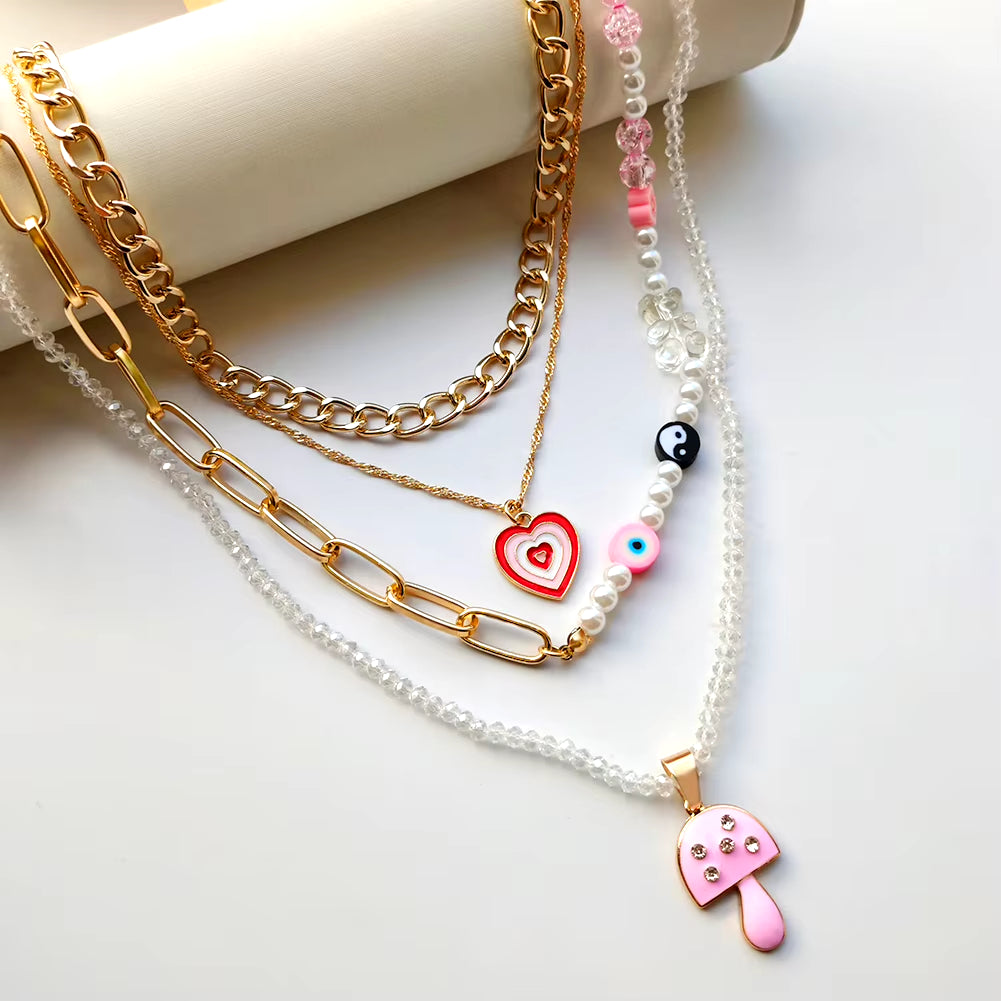 Pink Gummy Bear Pearl Beaded Choker Necklace for Women Multilayer Asymmetrical Flower Beads Metal Chain Necklace Fashion Jewelry