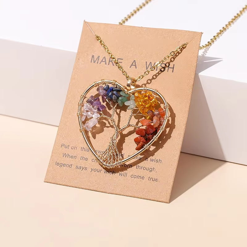 7 Chakras Tree of Life Pendant Necklace Gold Color Wisdom Natural Crystal Chip Beads Reiki Healing Jewelry Gift