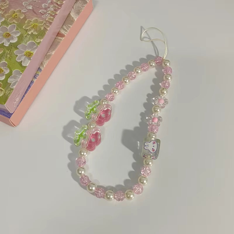 Simple Pink Bear Heart Strawberry Bowknot Flower Acrylic Imitation Pearl Beaded Phone Chain for Women Girls Sweet Accessories