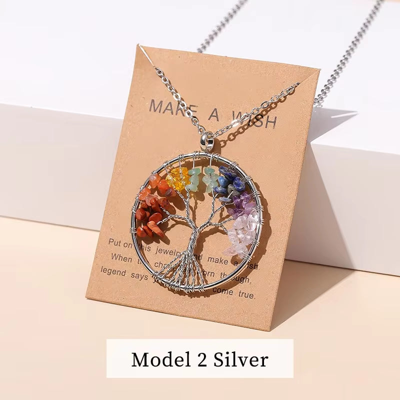 7 Chakras Tree of Life Pendant Necklace Gold Color Wisdom Natural Crystal Chip Beads Reiki Healing Jewelry Gift