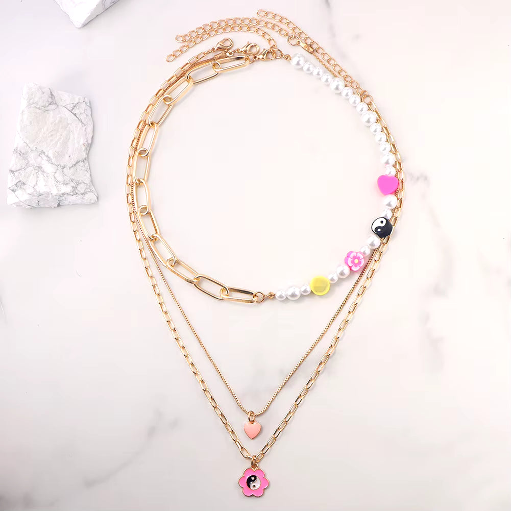 Pink Gummy Bear Pearl Beaded Choker Necklace for Women Multilayer Asymmetrical Flower Beads Metal Chain Necklace Fashion Jewelry