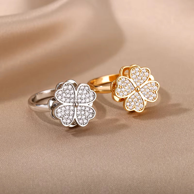 Spinner Zircon Heart Four Leaf Clover Rings for Women Stainless Steel anti Stress Anxiety Fidget Ring Jewelry Christmas Gift