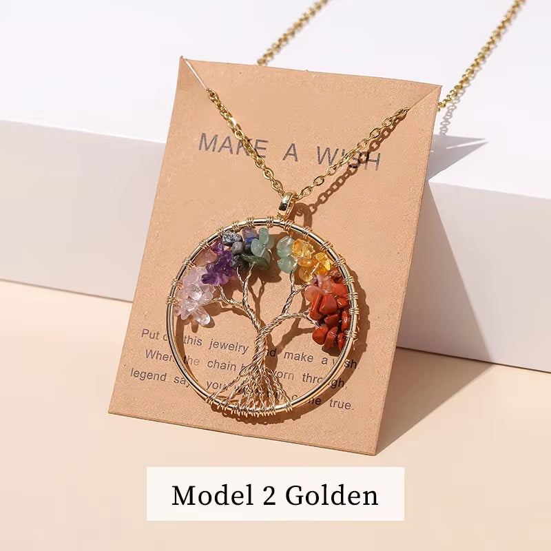 7 Chakras Tree of Life Pendant Necklace Gold Color Wisdom Natural Crystal Chip Beads Reiki Healing Jewelry Gift