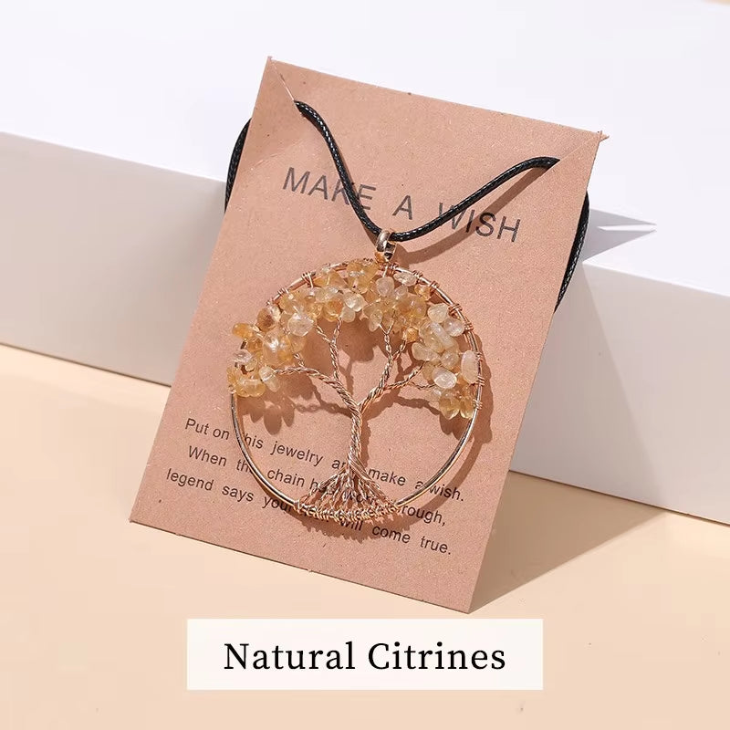 7 Chakras Tree of Life Pendant Necklace Gold Color Wisdom Natural Crystal Chip Beads Reiki Healing Jewelry Gift