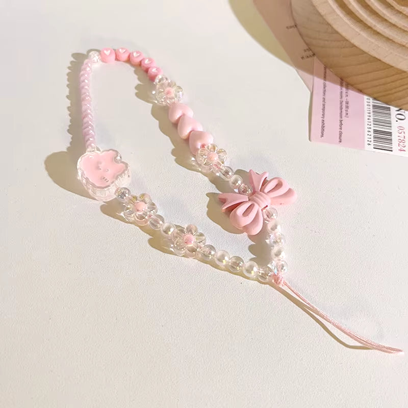 Simple Pink Bear Heart Strawberry Bowknot Flower Acrylic Imitation Pearl Beaded Phone Chain for Women Girls Sweet Accessories