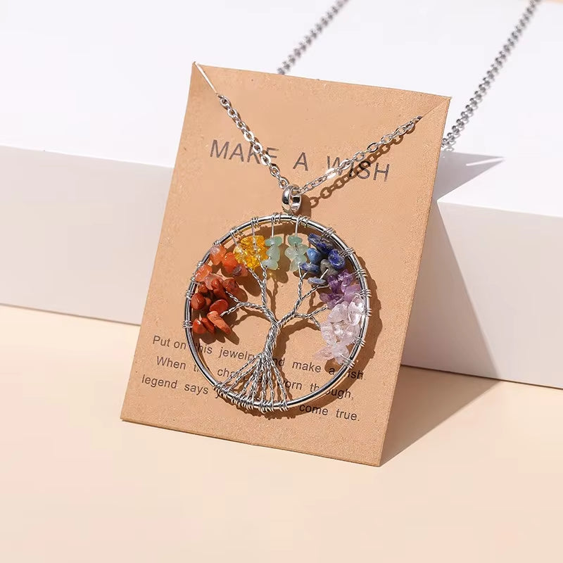 7 Chakras Tree of Life Pendant Necklace Gold Color Wisdom Natural Crystal Chip Beads Reiki Healing Jewelry Gift