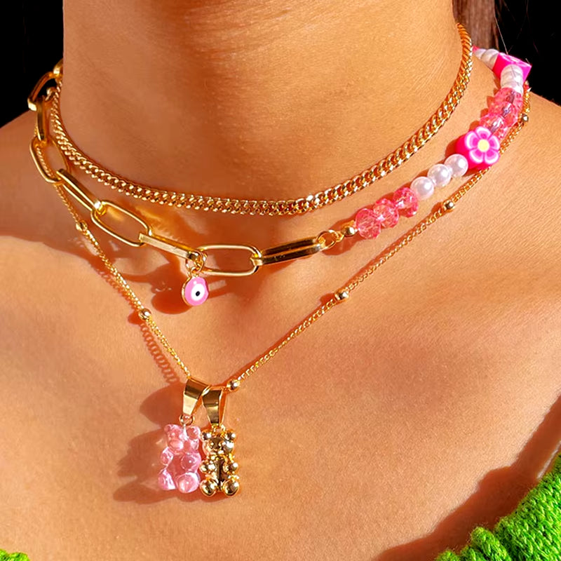 Pink Gummy Bear Pearl Beaded Choker Necklace for Women Multilayer Asymmetrical Flower Beads Metal Chain Necklace Fashion Jewelry