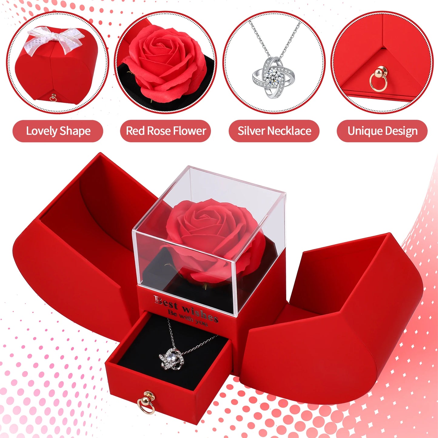 Red Rose with Necklace, Flowers Rose Gifts for Mom Wife Girlfriend, Valentines Day Gifts, Mothers Day Anniversary Gifts for Wome