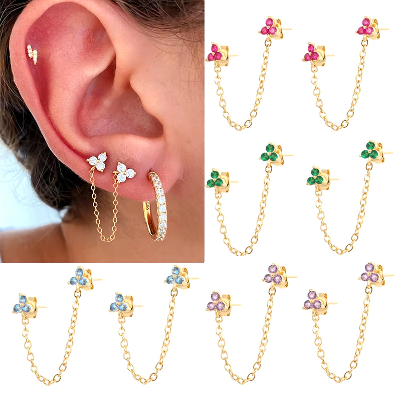 Fashion Gold Silver Plated Jewelry Flower Chain Earrings for Women Color CZ Zircon Stud Earring Girls Earings Wholesale