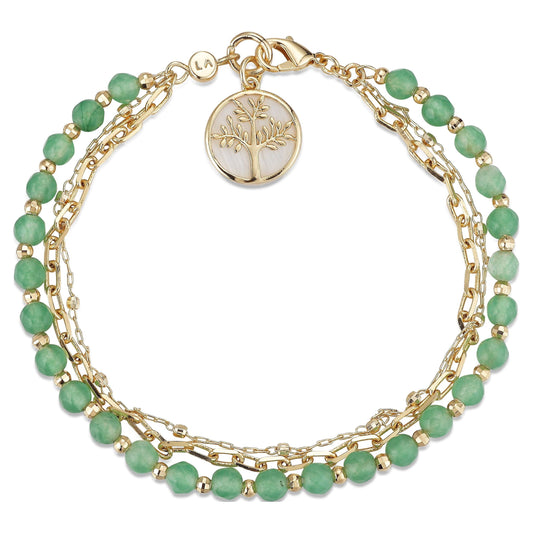 Women'S 14Kt Gold Flash Plated Genuine Green Aventurine Stone Tree Layered Bracelet, 7.5"