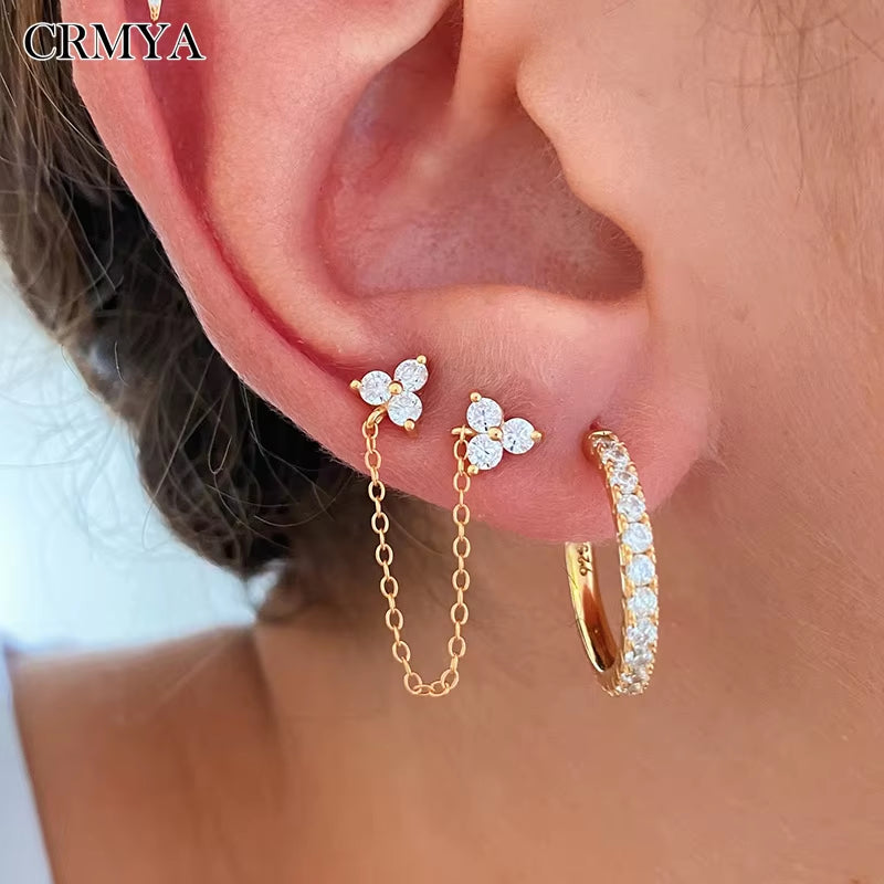 Fashion Gold Silver Plated Jewelry Flower Chain Earrings for Women Color CZ Zircon Stud Earring Girls Earings Wholesale