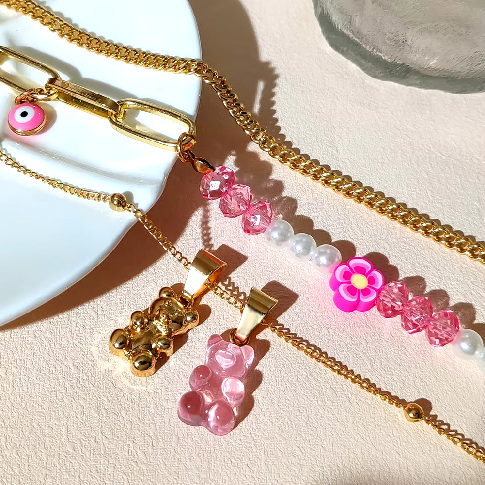 Pink Gummy Bear Pearl Beaded Choker Necklace for Women Multilayer Asymmetrical Flower Beads Metal Chain Necklace Fashion Jewelry