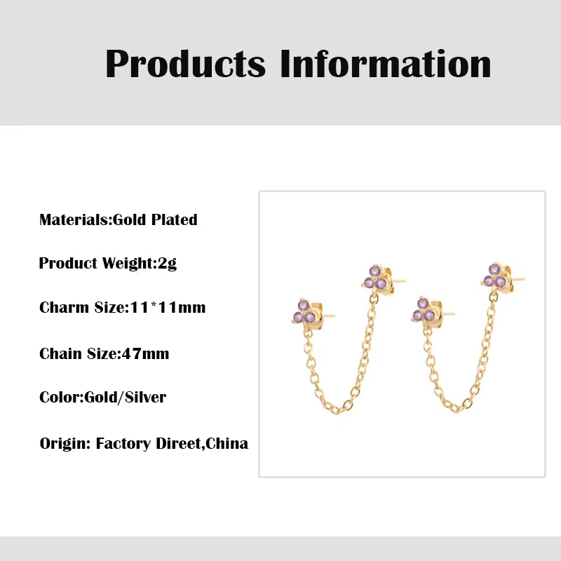 Fashion Gold Silver Plated Jewelry Flower Chain Earrings for Women Color CZ Zircon Stud Earring Girls Earings Wholesale