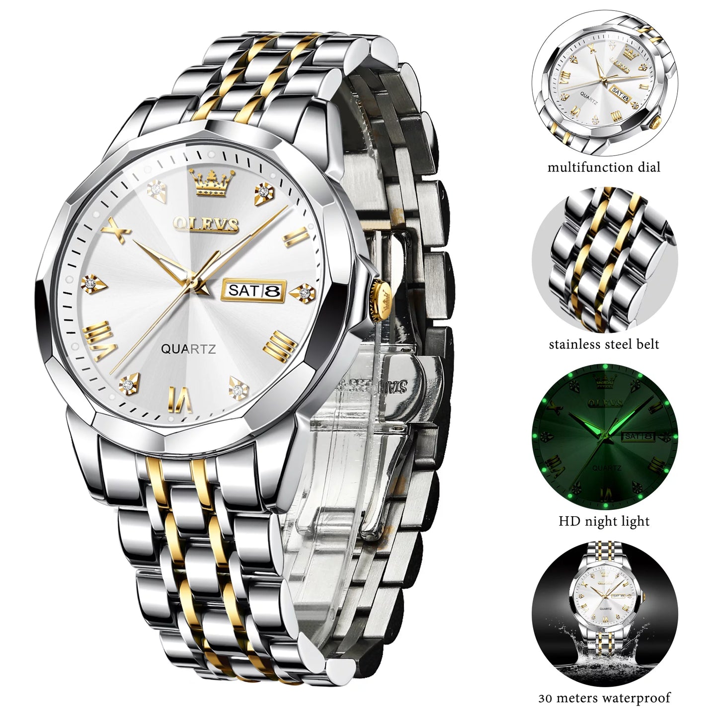 Diamond Watch for Men Luxury Business Quartz Stainless Steel Date Watch Luminous Waterproof Reloj Para Hombre, Gifts for Men, Adult Male Wristwatch