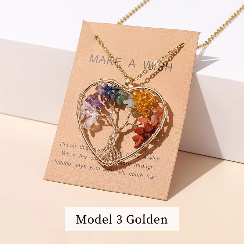 7 Chakras Tree of Life Pendant Necklace Gold Color Wisdom Natural Crystal Chip Beads Reiki Healing Jewelry Gift