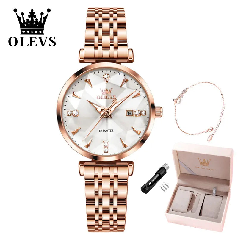 Women Luxury Jewelry Quartz Watch Waterproof Stainless Steel Strap Rose Gold Watch for Women Fashion Watch Bracelet Set