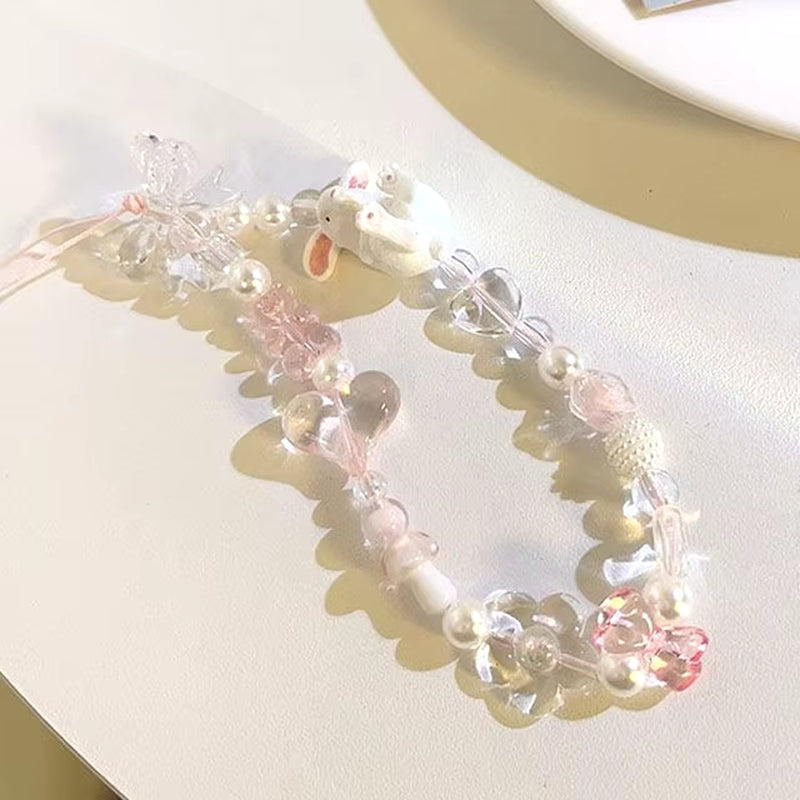 Simple Pink Bear Heart Strawberry Bowknot Flower Acrylic Imitation Pearl Beaded Phone Chain for Women Girls Sweet Accessories