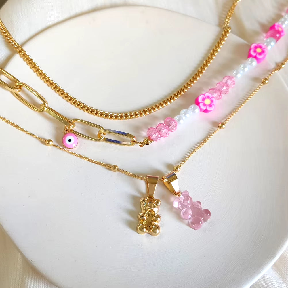 Pink Gummy Bear Pearl Beaded Choker Necklace for Women Multilayer Asymmetrical Flower Beads Metal Chain Necklace Fashion Jewelry